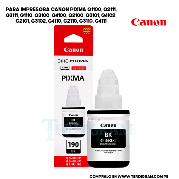 Tinta canon GI-190BK Black/Negro para pixma G2110, G3100, G3110, G3111, G4100.